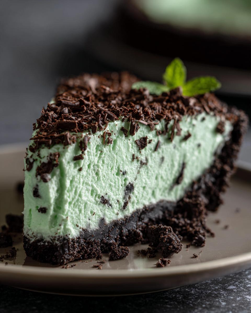 A decadent slice of no-bake grasshopper pie featuring mint green filling, dark chocolate crust, and chocolate shavings.