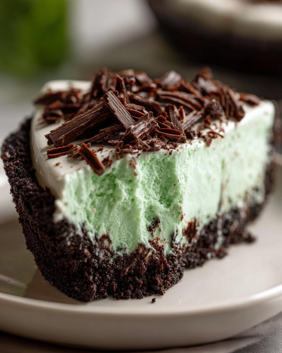 Close-up of a slice of no-bake grasshopper pie showing mint filling, dark crust, and chocolate shavings.