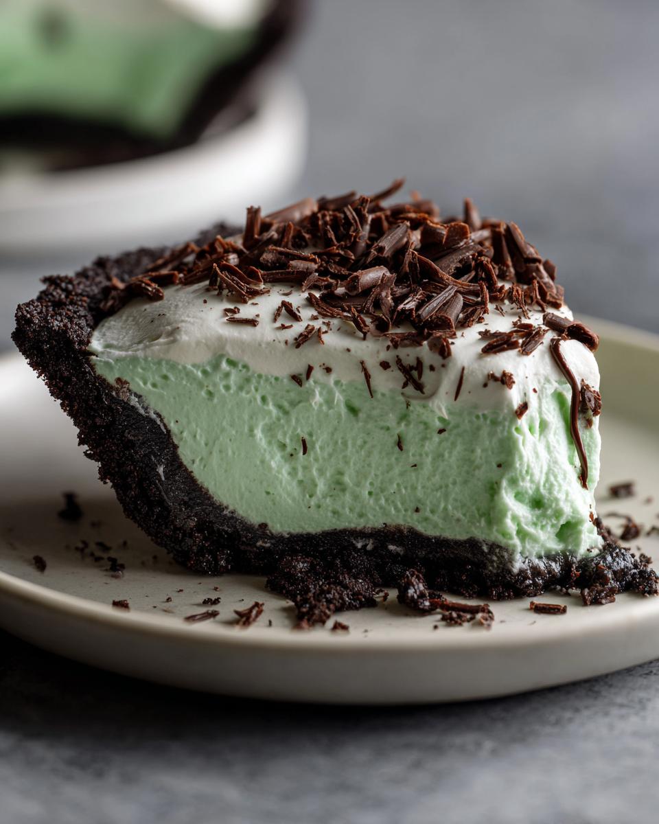A close-up of a slice of creamy, mint-green grasshopper pie with a dark chocolate crust and topped with whipped cream and chocolate shavings.