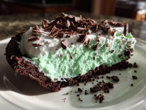 A close-up of a slice of no-bake grasshopper pie showing the mint filling, whipped topping, and chocolate crust.