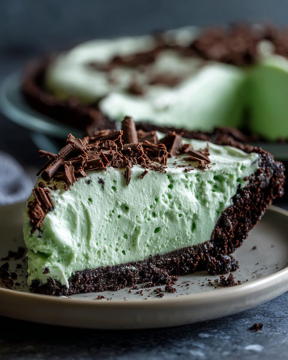 Close-up of a slice of light green, creamy grasshopper pie with a dark chocolate crust, topped with chocolate shavings.