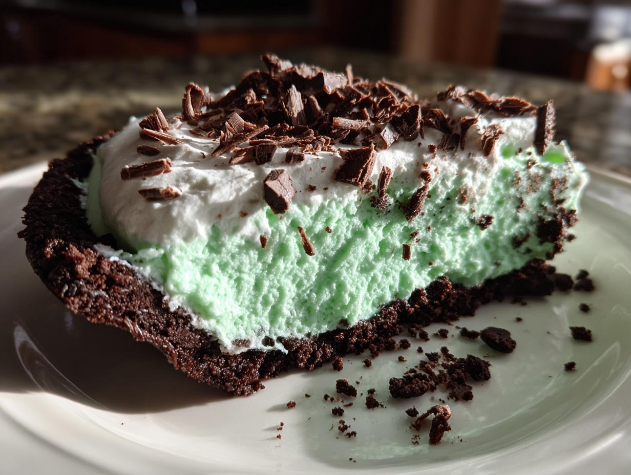 A close-up of a slice of no-bake grasshopper pie showing the mint filling, whipped topping, and chocolate crust.
