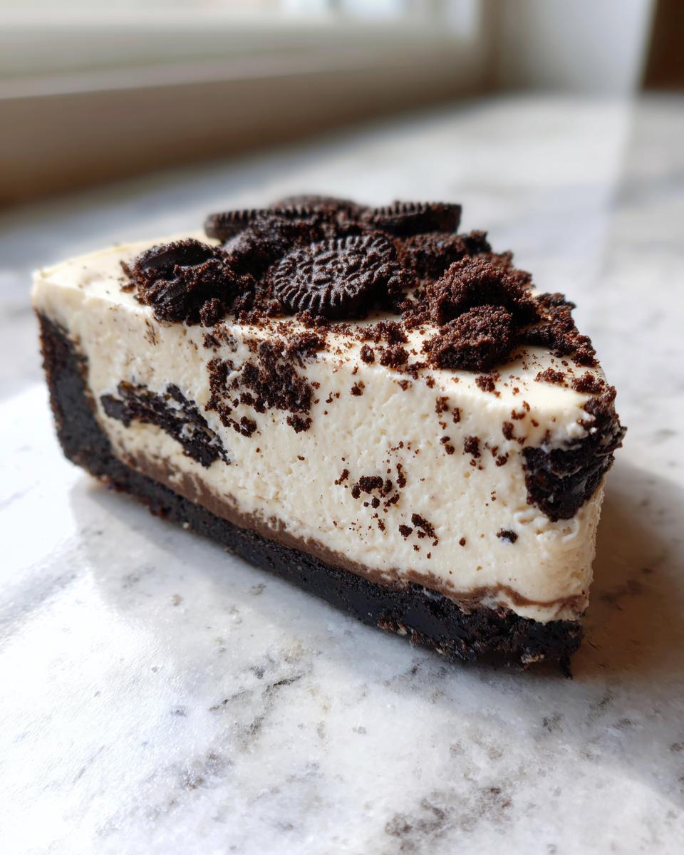 Close-up of a creamy slice of no-bake Oreo cheesecake with a dark crust and crushed Oreo topping.