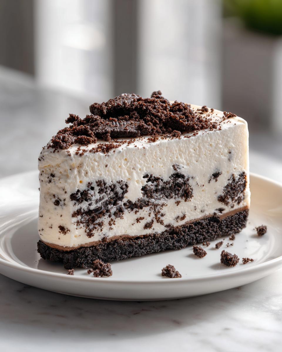 A thick slice of no-bake Oreo cheesecake featuring a dark chocolate crust and creamy filling mixed with cookie pieces.