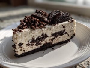 A thick slice of creamy no-bake Oreo cheesecake with a dark crust and topped with crushed and whole Oreo cookies.