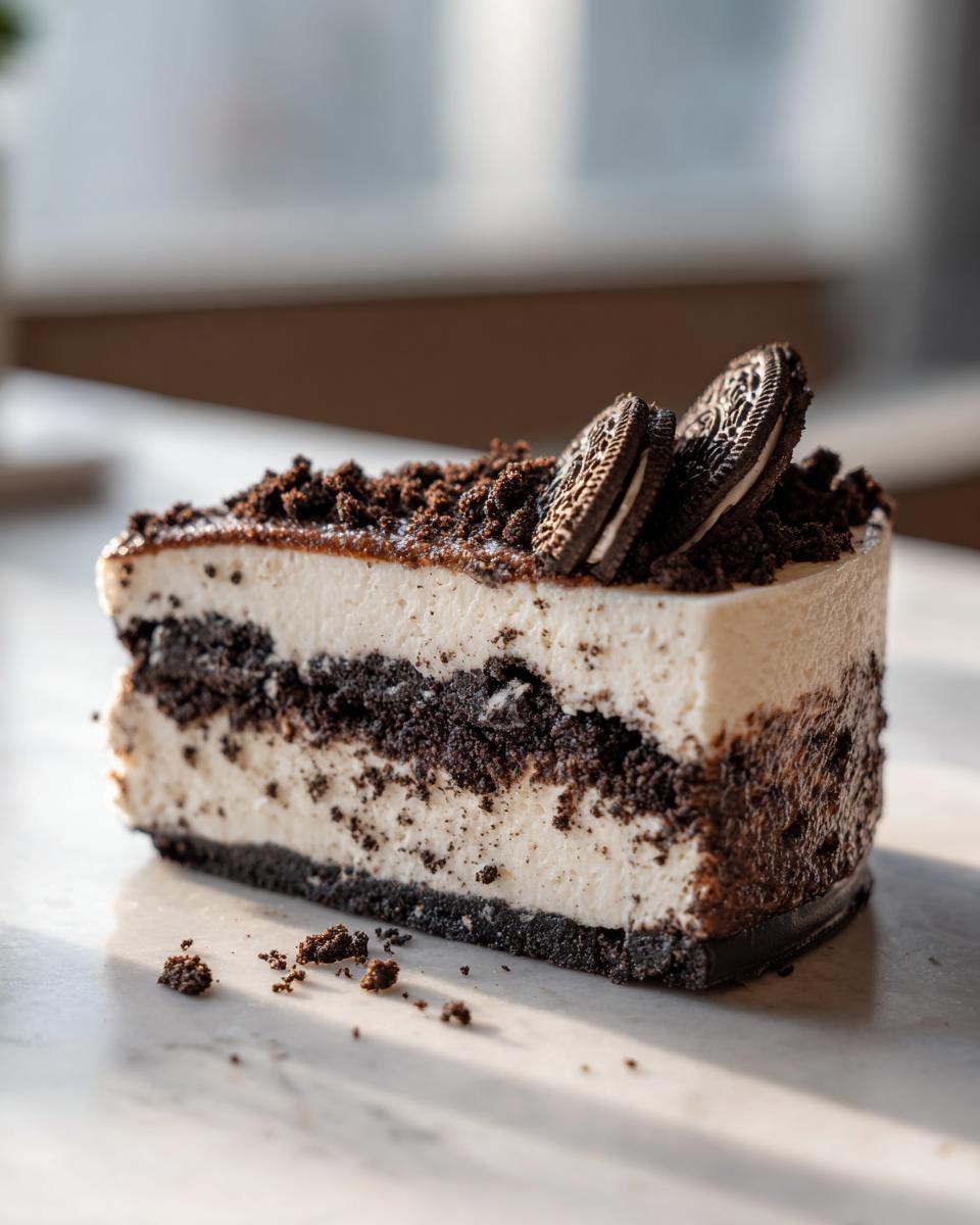 A close-up slice of no-bake Oreo cheesecake showing layers of cream and crushed cookies, topped with crumbs and two mini Oreo cookies.