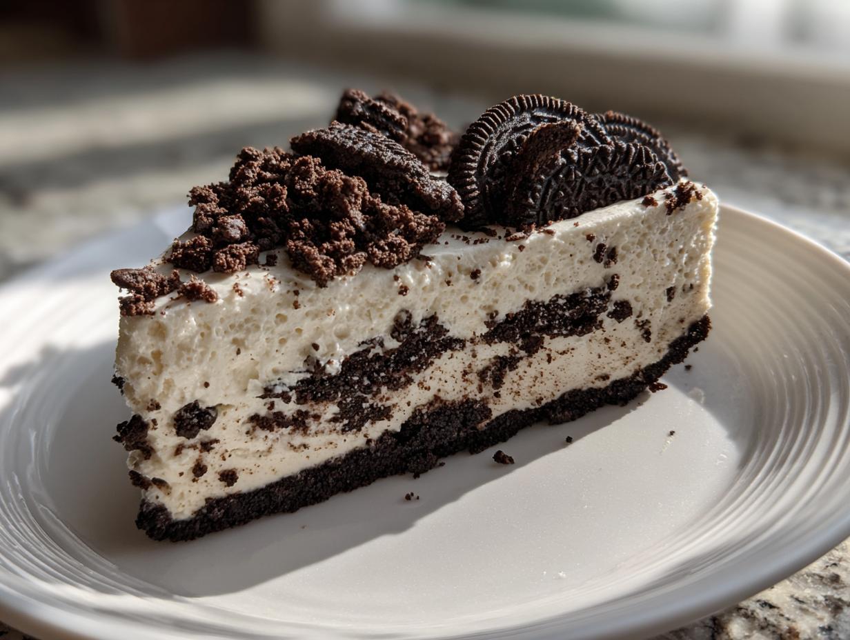 A thick slice of creamy no-bake Oreo cheesecake with a dark crust and topped with crushed and whole Oreo cookies.