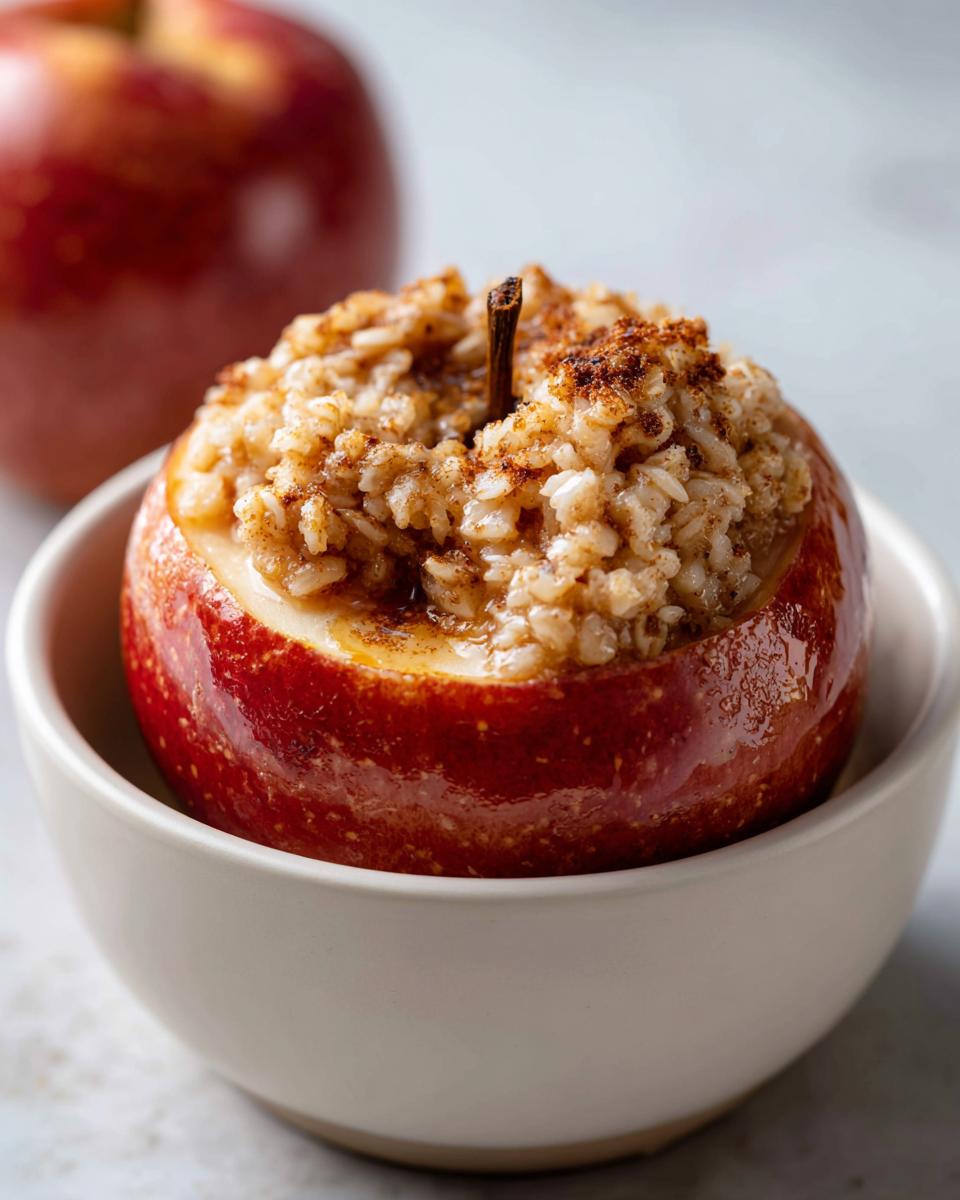 Close-up of a single baked apples stuffed with a brown sugar and oatmeal mixture, served in a small white bowl.