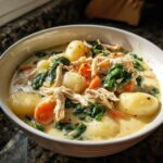 Close-up of a creamy bowl of Olive Garden Chicken Gnocchi Soup with shredded chicken, spinach, and carrots.