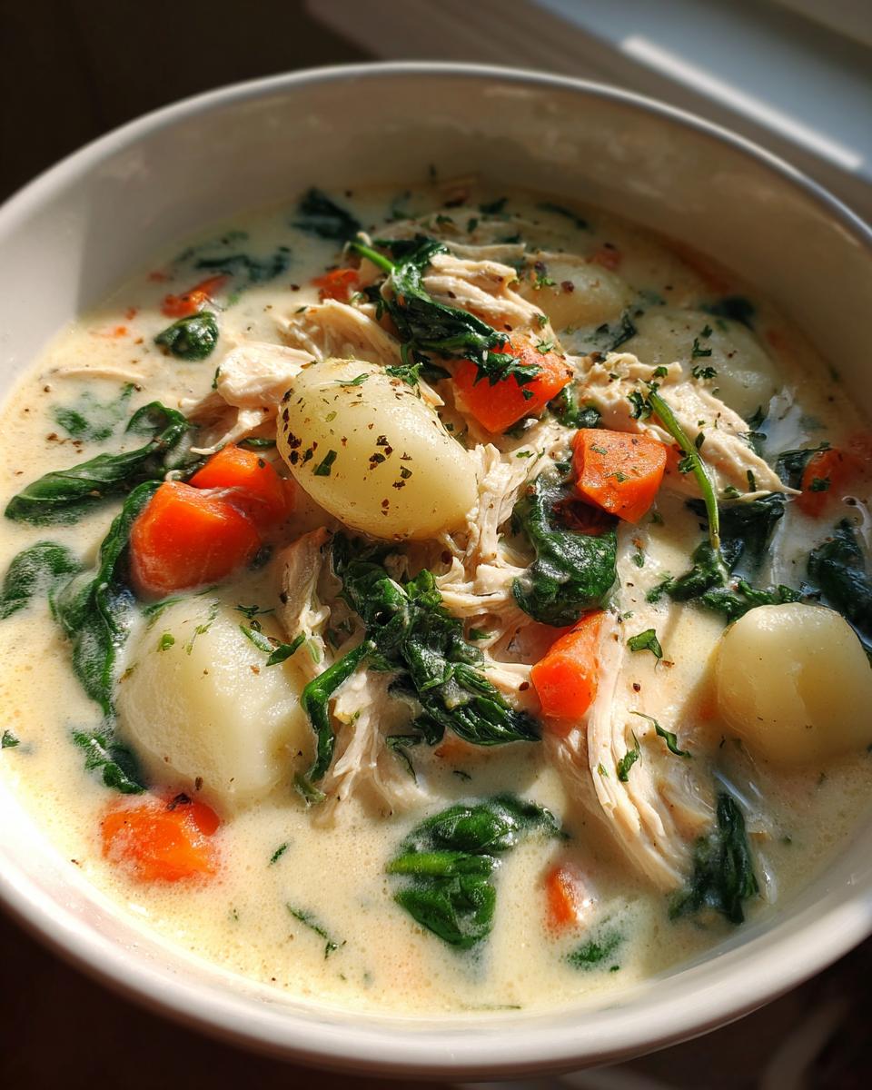 Close-up of a bowl of creamy olive garden chicken gnocchi soup featuring shredded chicken, soft gnocchi, spinach, and carrots.