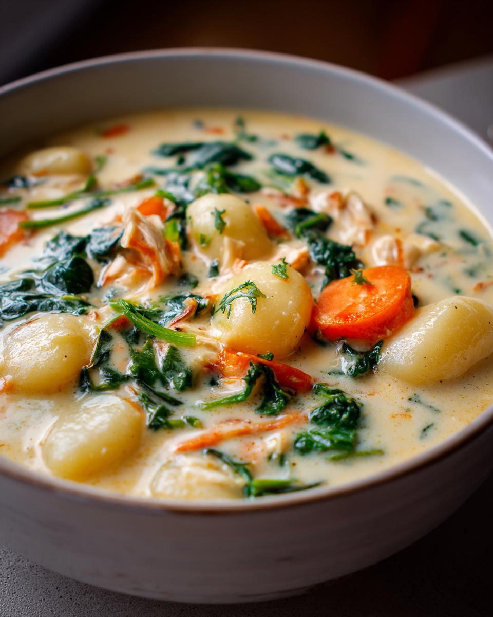 Close-up of a bowl of creamy olive garden chicken gnocchi soup with visible gnocchi, spinach, and carrots.