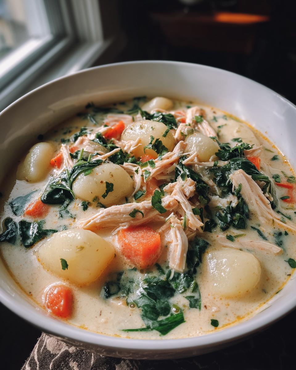A close-up view of a bowl of creamy olive garden chicken gnocchi soup, featuring shredded chicken, gnocchi, carrots, and spinach.