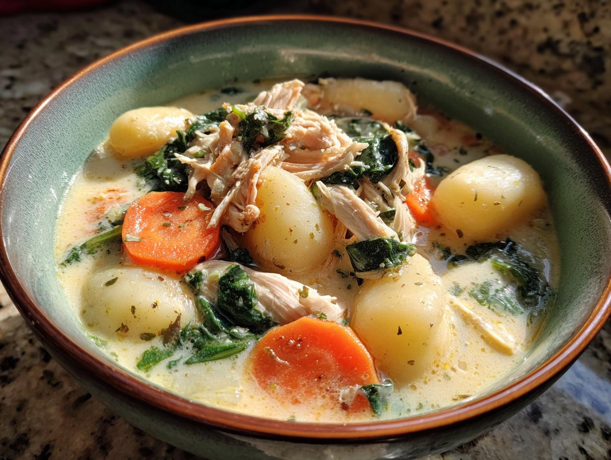 A close-up bowl of creamy olive garden chicken gnocchi soup featuring shredded chicken, soft gnocchi, carrots, and spinach.