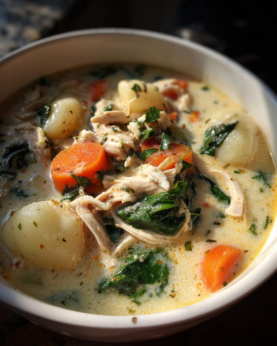 A close-up of creamy Olive Garden Chicken Gnocchi Soup featuring shredded chicken, carrots, spinach, and potato gnocchi.