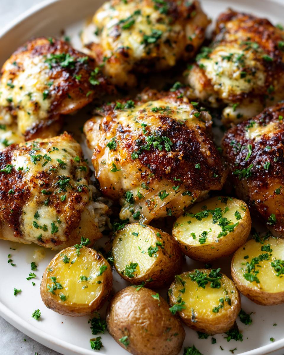 Close-up of crispy, cheesy garlic parmesan chicken and roasted potatoes garnished with fresh parsley.