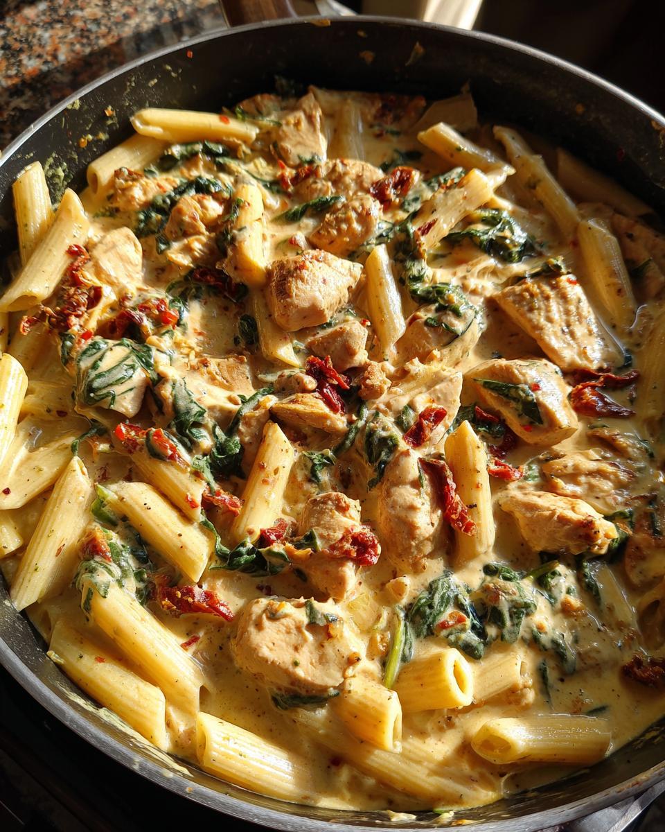 Close-up of creamy marry me chicken pasta in a skillet with penne, spinach, and sun-dried tomatoes.