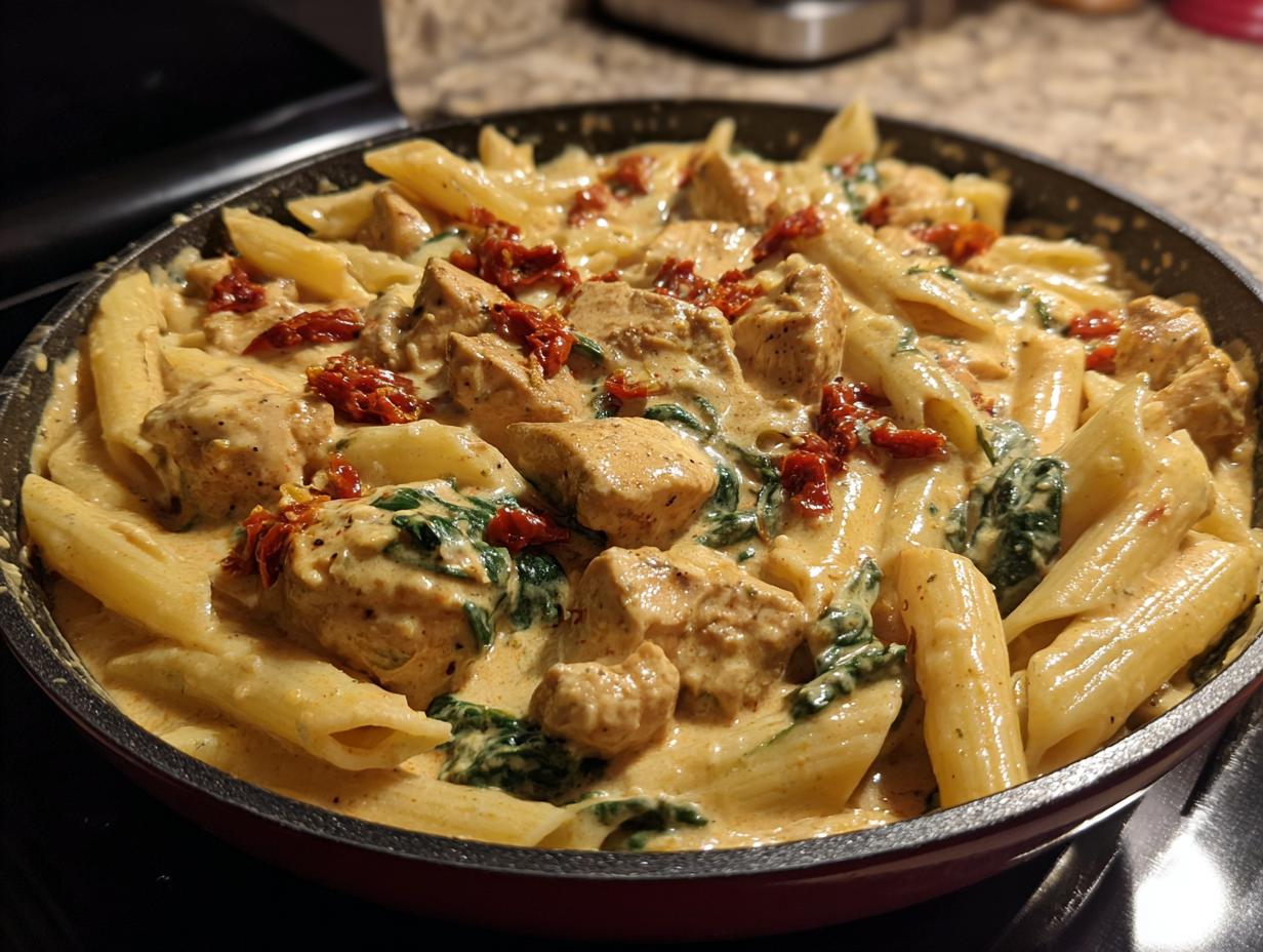Close-up of creamy marry me chicken pasta with penne, sun-dried tomatoes, and spinach in a skillet.