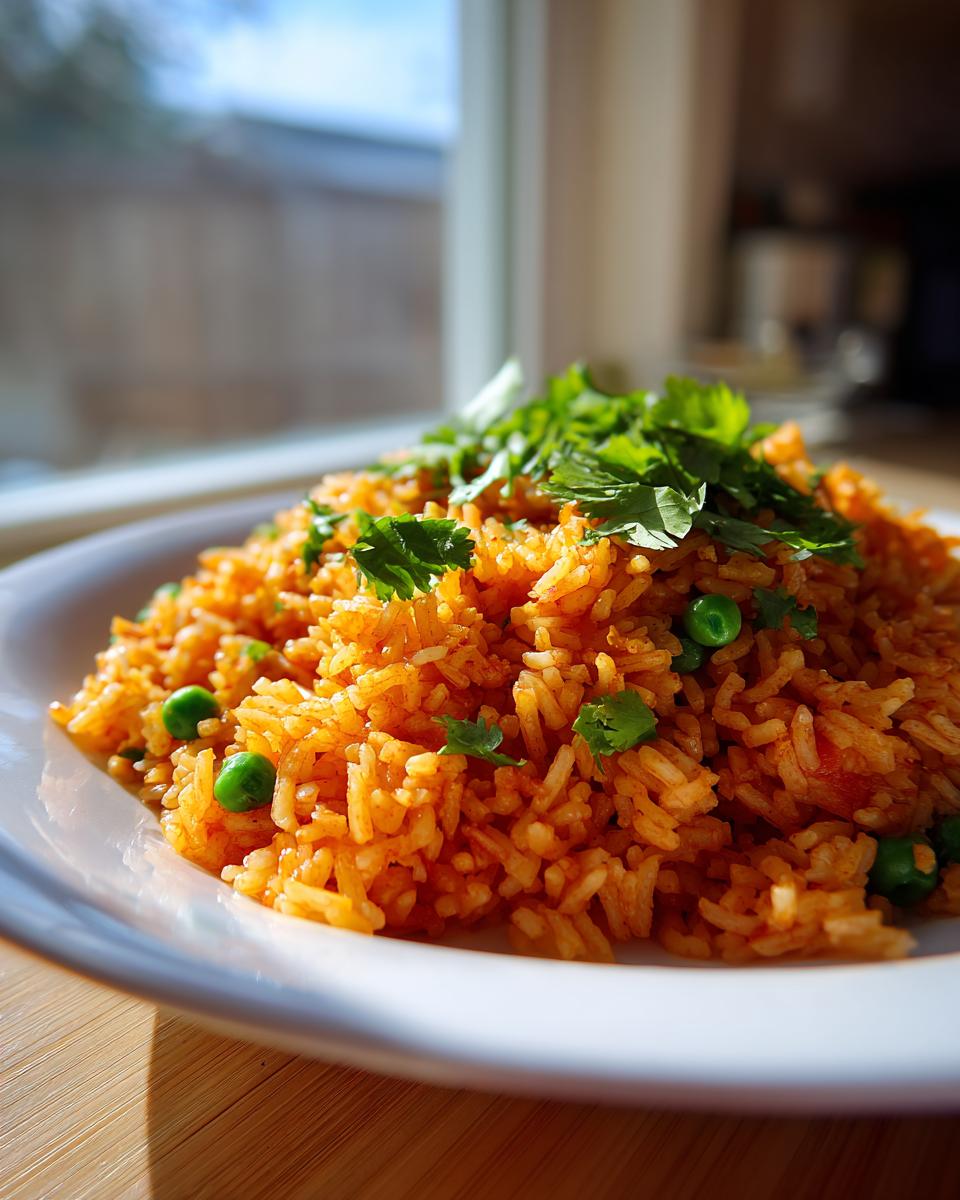 A mound of vibrant orange Spanish rice mixed with green peas, topped with fresh cilantro.