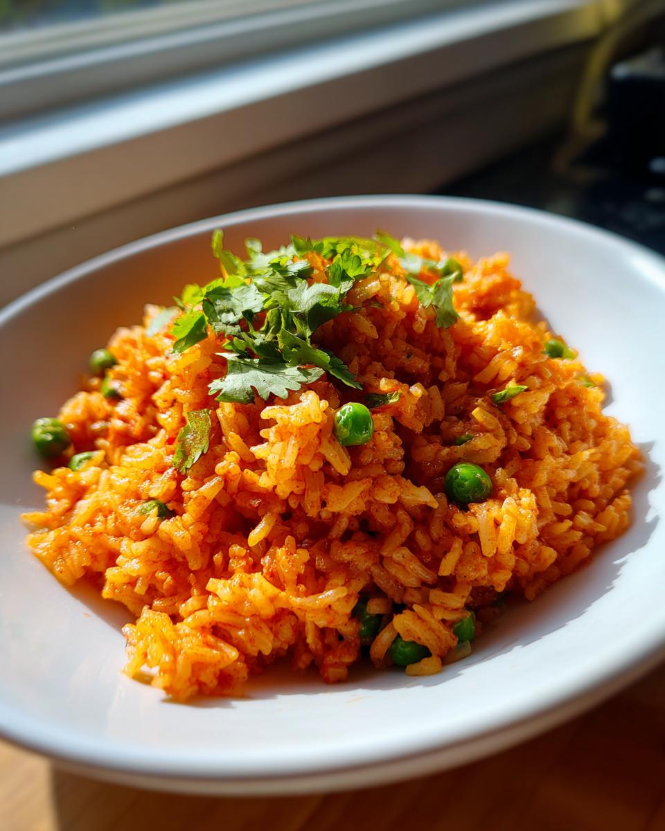 Close-up of a white bowl filled with vibrant orange Spanish rice mixed with green peas and topped with fresh cilantro.