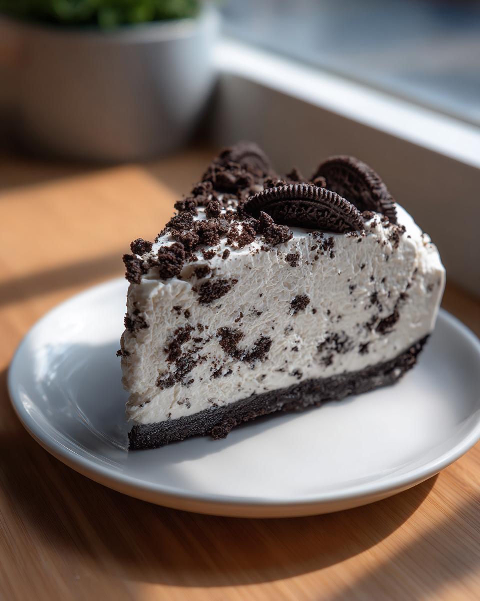 A decadent slice of no-bake oreo pie with a dark crust and creamy white filling speckled with chocolate cookie pieces.