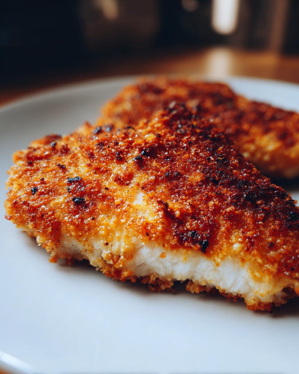 A close-up cross-section of perfectly cooked parmesan crusted chicken showing the white meat and crispy, golden-brown coating.
