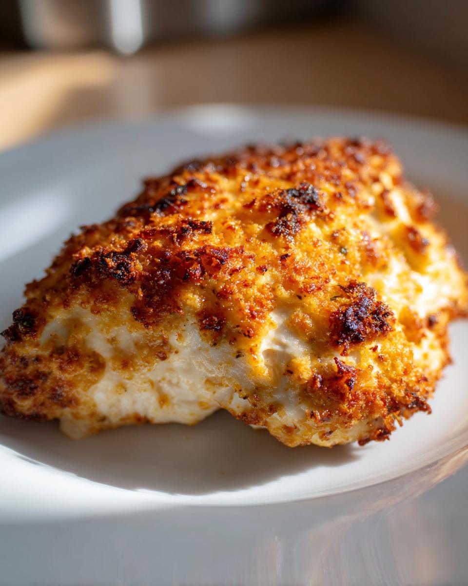 Close-up of a juicy chicken breast with a golden, crispy parmesan crusted topping.
