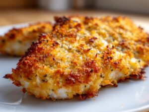 Close-up of a perfectly golden and crispy parmesan crusted chicken fillet on a white plate.