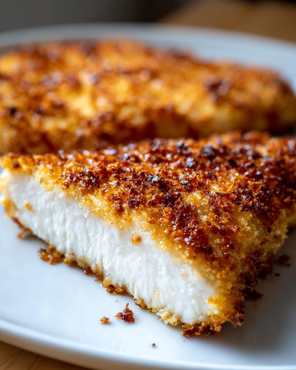 Close-up of a slice of perfectly cooked parmesan crusted chicken showing the juicy white interior and crispy golden-brown crust.