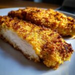 Close-up of a perfectly cooked parmesan crusted chicken breast cut in half, showing juicy white meat inside the golden crust.