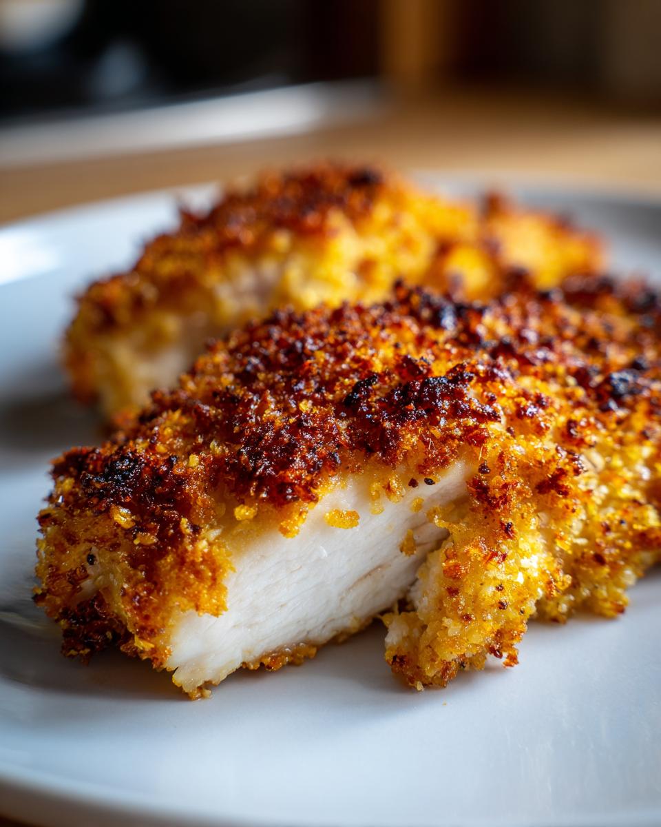 Close-up of a juicy parmesan crusted chicken breast cut in half, showing the white interior and crispy golden-brown coating.