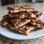 A stack of broken pieces of peanut butter pretzel bark showing layers of chocolate, peanut butter, and crunchy pretzels.