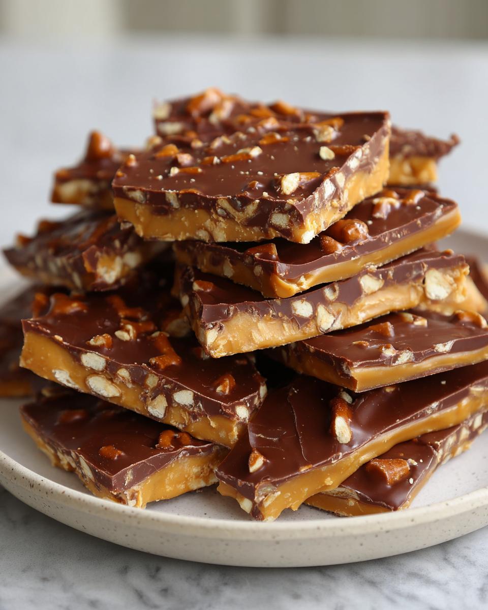 A tempting stack of homemade peanut butter pretzel bark pieces featuring layers of caramel, chocolate, and crushed pretzels.
