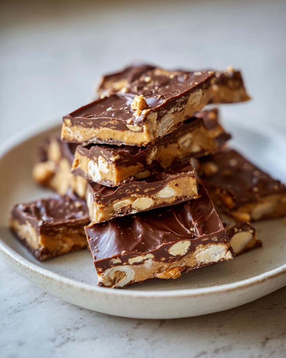 A stack of rich, layered peanut butter pretzel bark pieces topped with melted chocolate and visible pretzel bits.