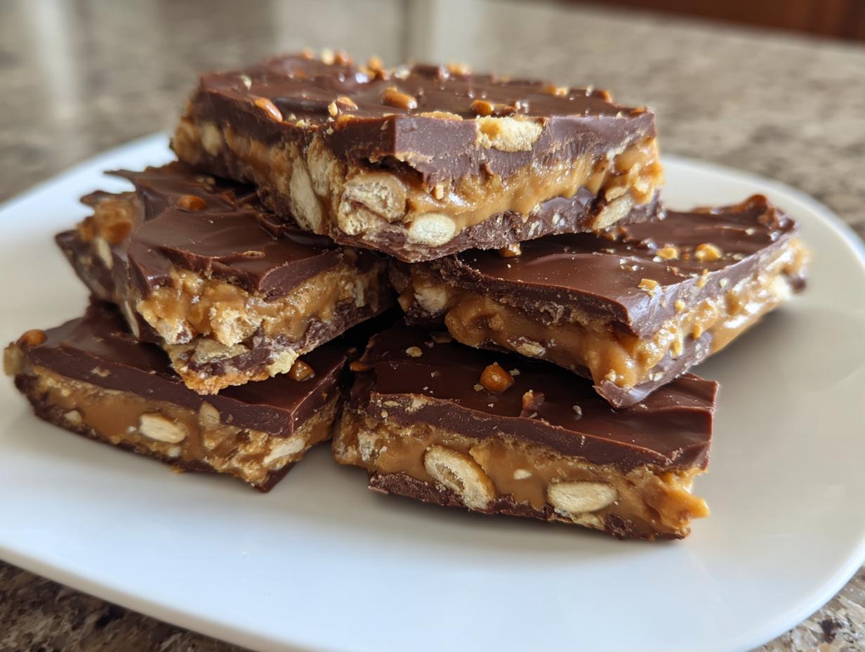 A stack of rich, layered peanut butter pretzel bark squares topped with melted chocolate and crushed pretzels.