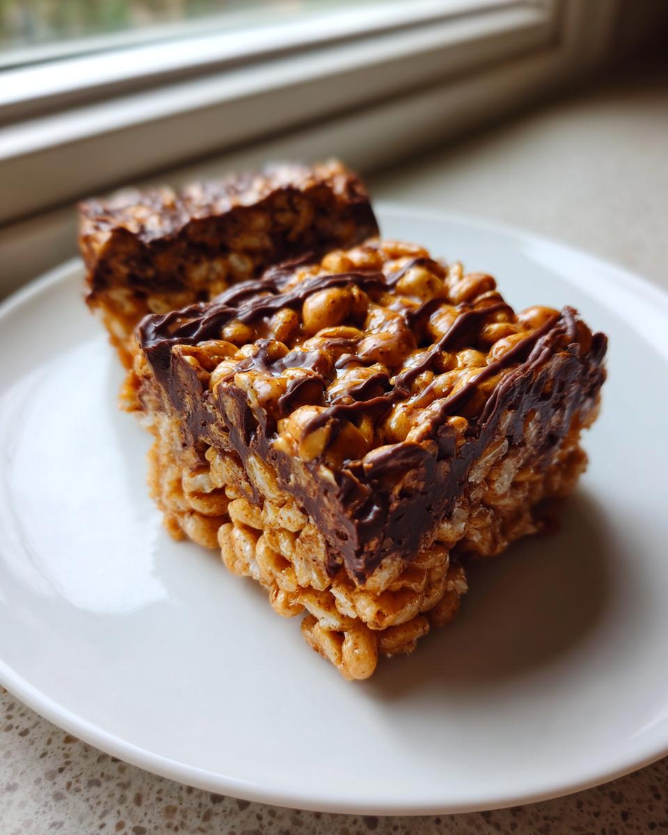Two squares of decadent peanut butter rice krispie treats topped with chocolate ganache, served on a white plate.