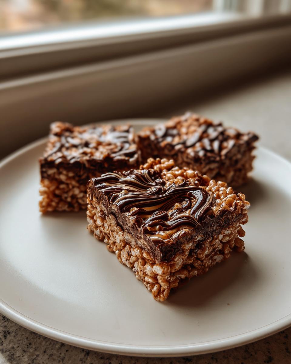 Three rich peanut butter rice krispie treats bars topped with a dark chocolate swirl, served on a light plate.