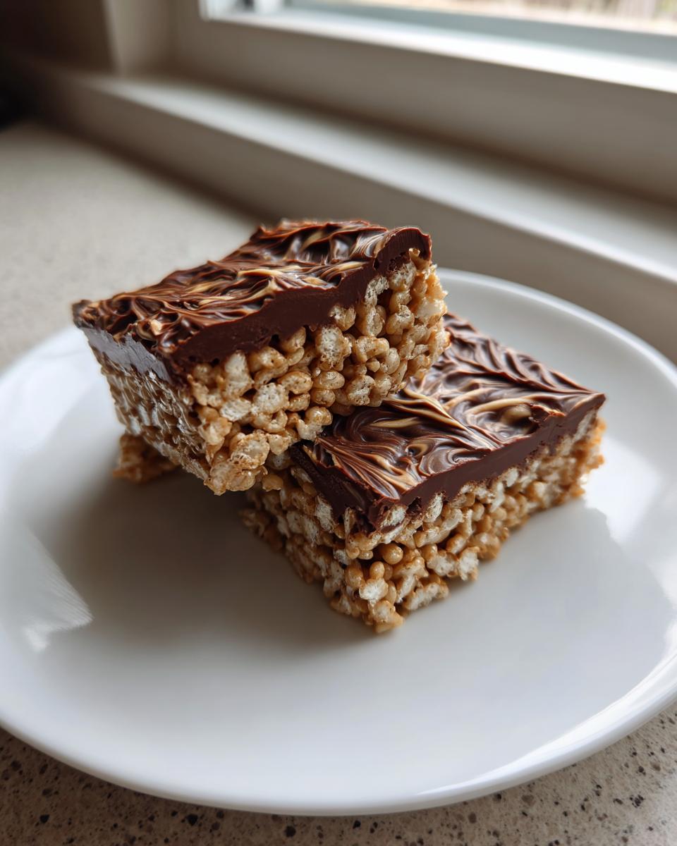 Two stacked peanut butter rice krispie treats squares topped with melted chocolate and a peanut butter swirl.