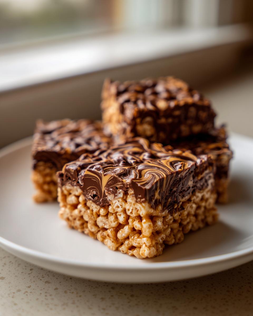 Close-up of rich peanut butter rice krispie treats topped with swirled chocolate.