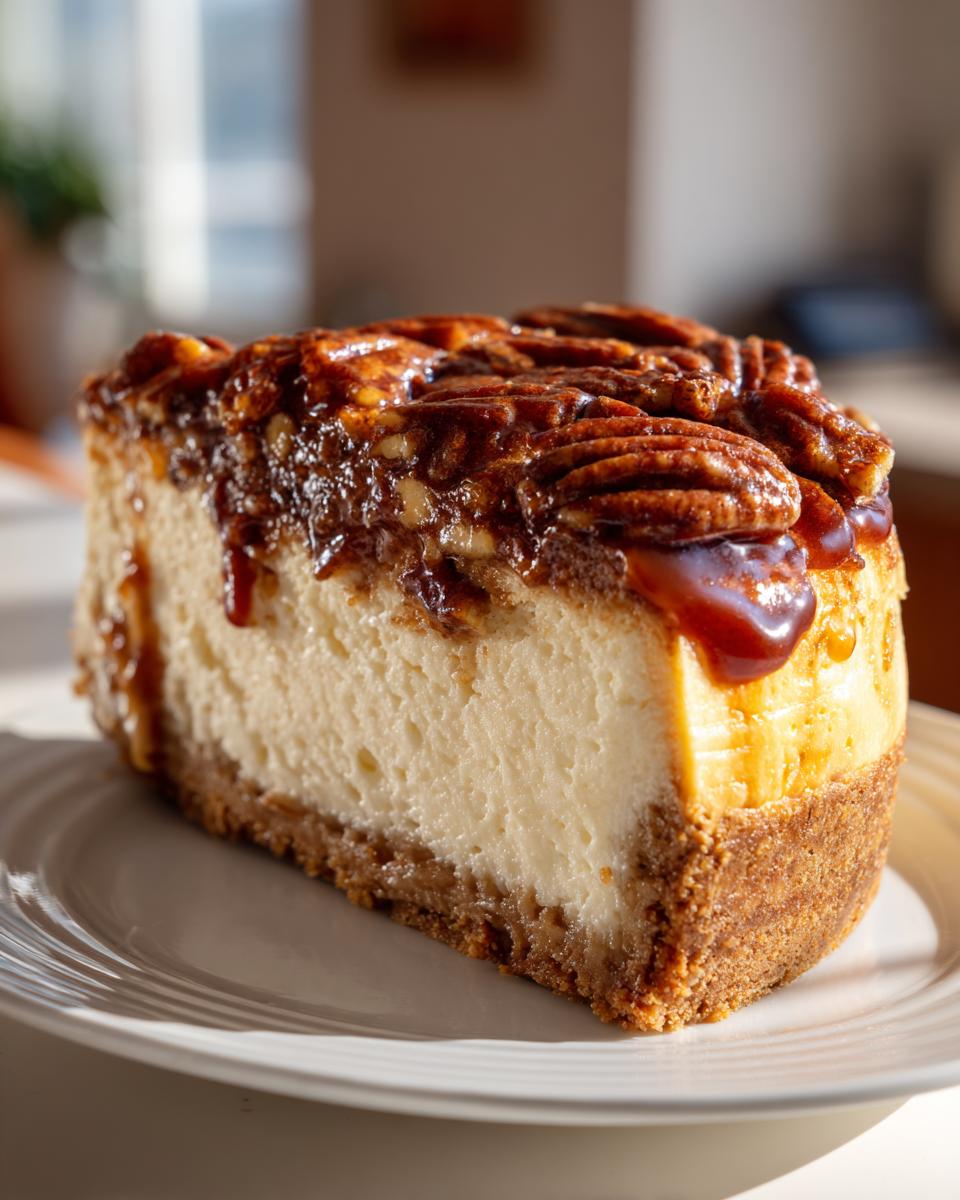 A close-up of a rich slice of pecan pie cheesecake topped with glossy caramel and whole pecans.