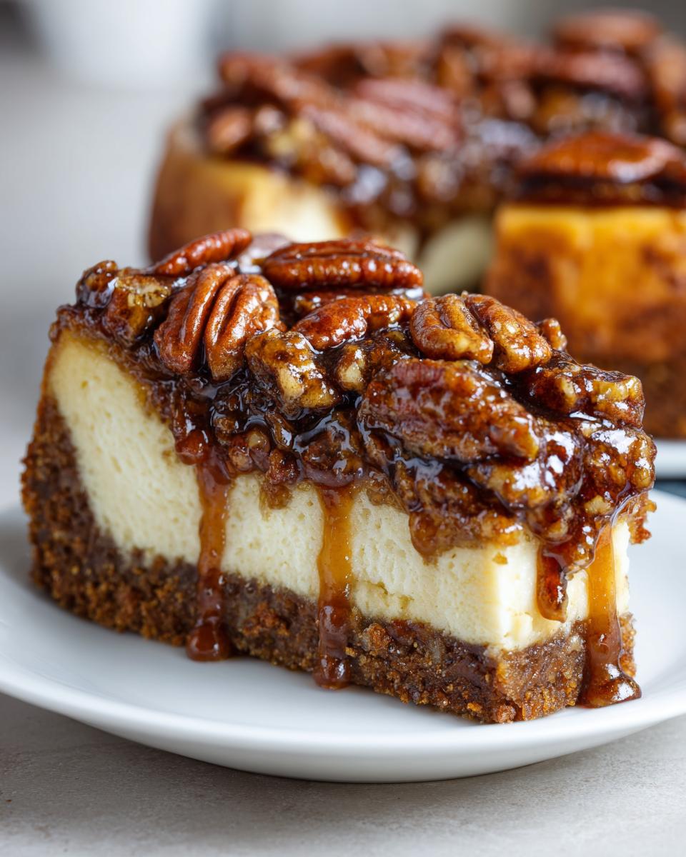A decadent slice of pecan pie cheesecake featuring a thick graham cracker crust and gooey pecan topping.