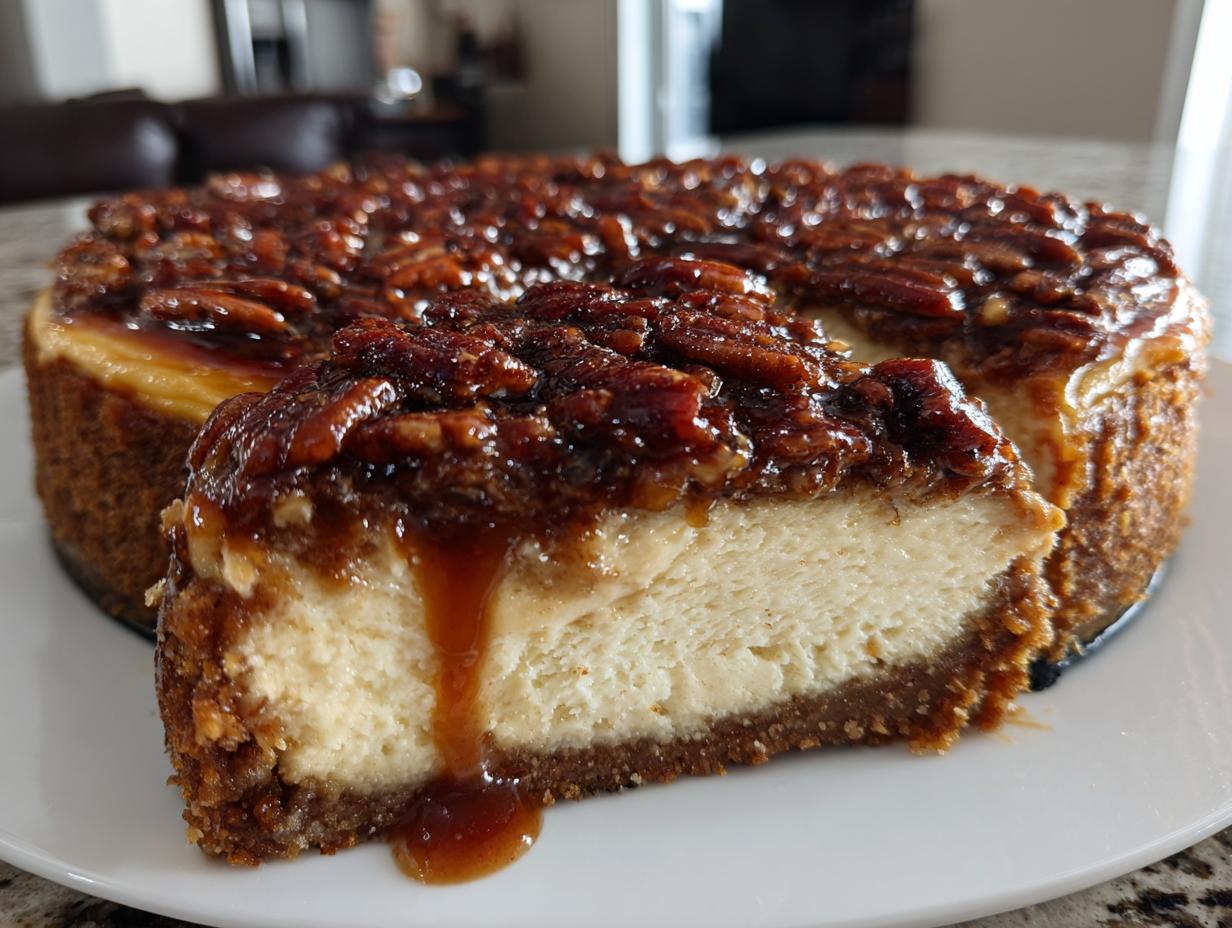 A slice of creamy pecan pie cheesecake topped with glossy pecans and caramel sauce dripping down the side.