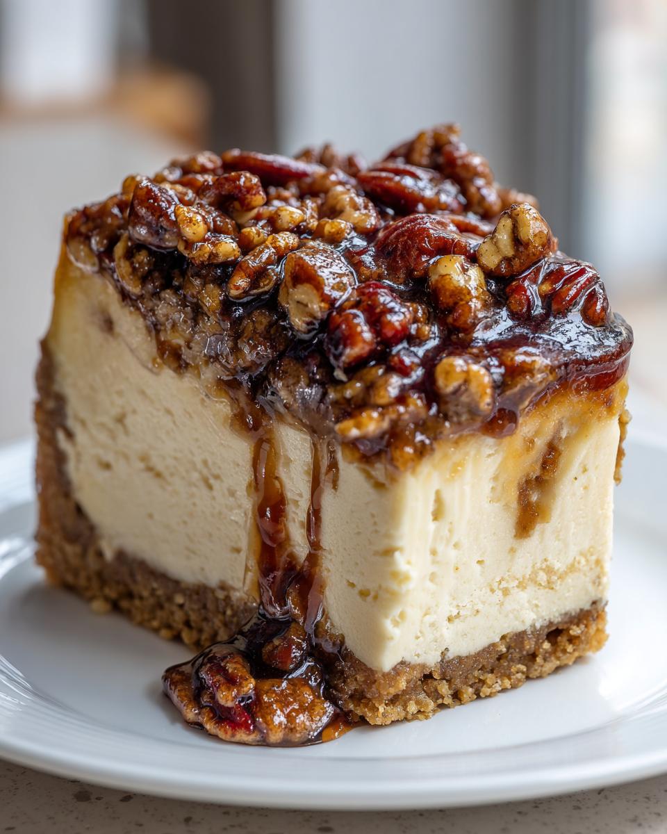 A decadent slice of pecan pie cheesecake topped with sticky, glazed pecans and caramel dripping down the side.