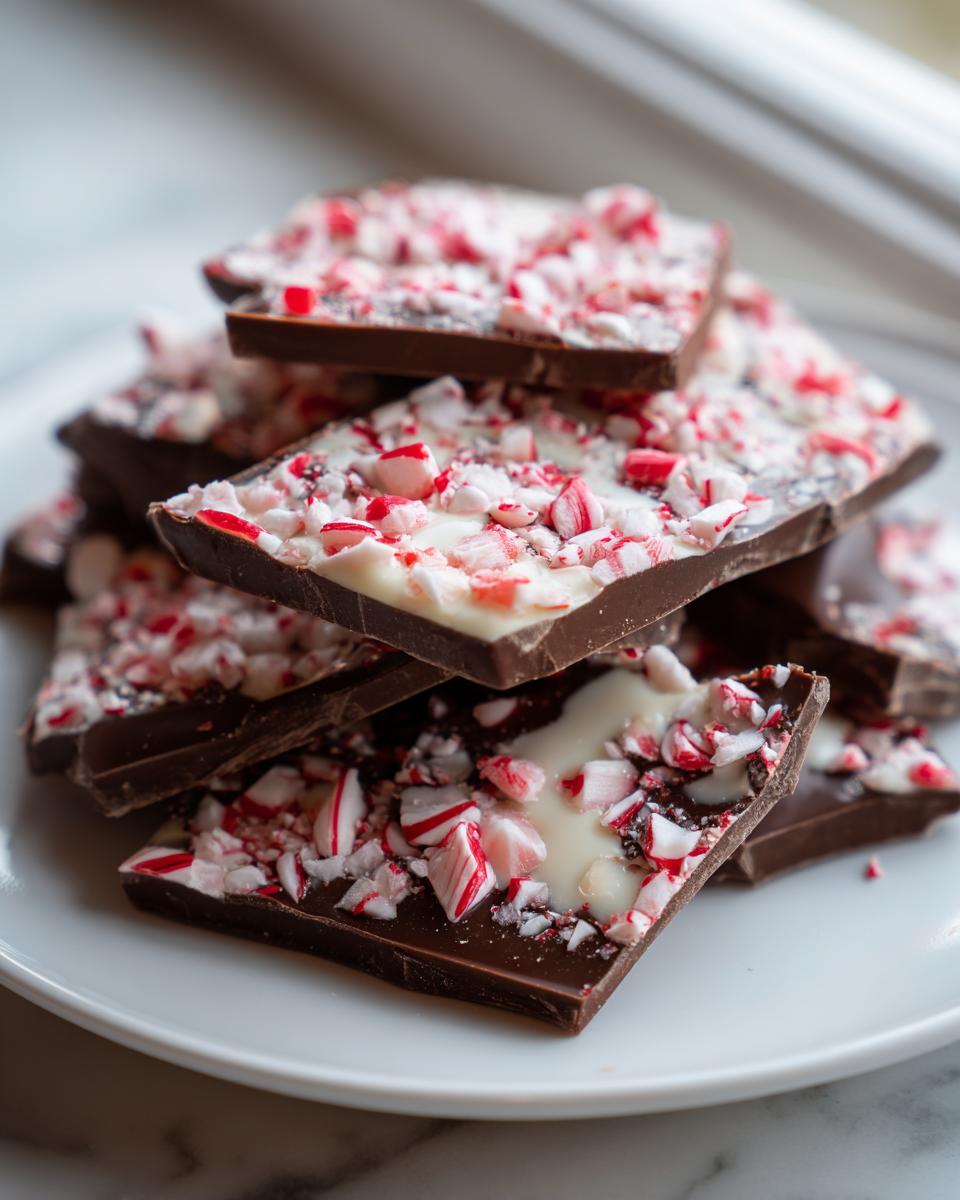 Stack of broken pieces of homemade peppermint bark recipe featuring dark chocolate, white chocolate, and crushed candy canes.