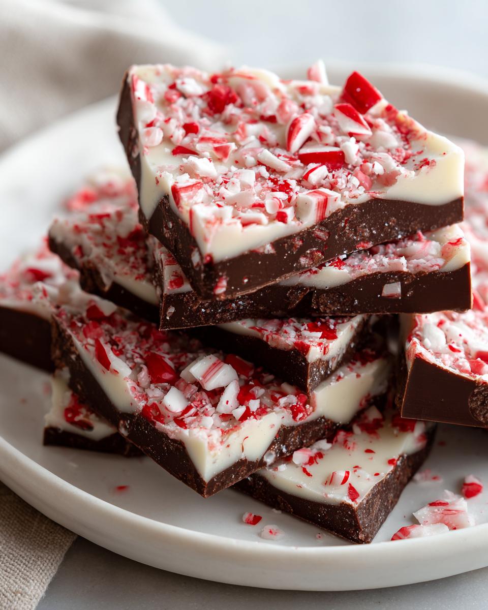 Close-up of stacked squares of homemade peppermint bark recipe, featuring dark chocolate, white chocolate, and crushed candy canes.