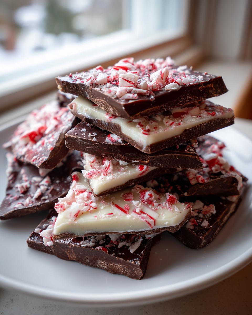 A stack of dark and white chocolate peppermint bark recipe pieces topped with crushed candy canes.