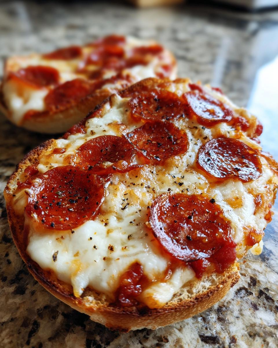 Close-up of a freshly baked pepperoni english muffin pizza with bubbling, melted mozzarella cheese.