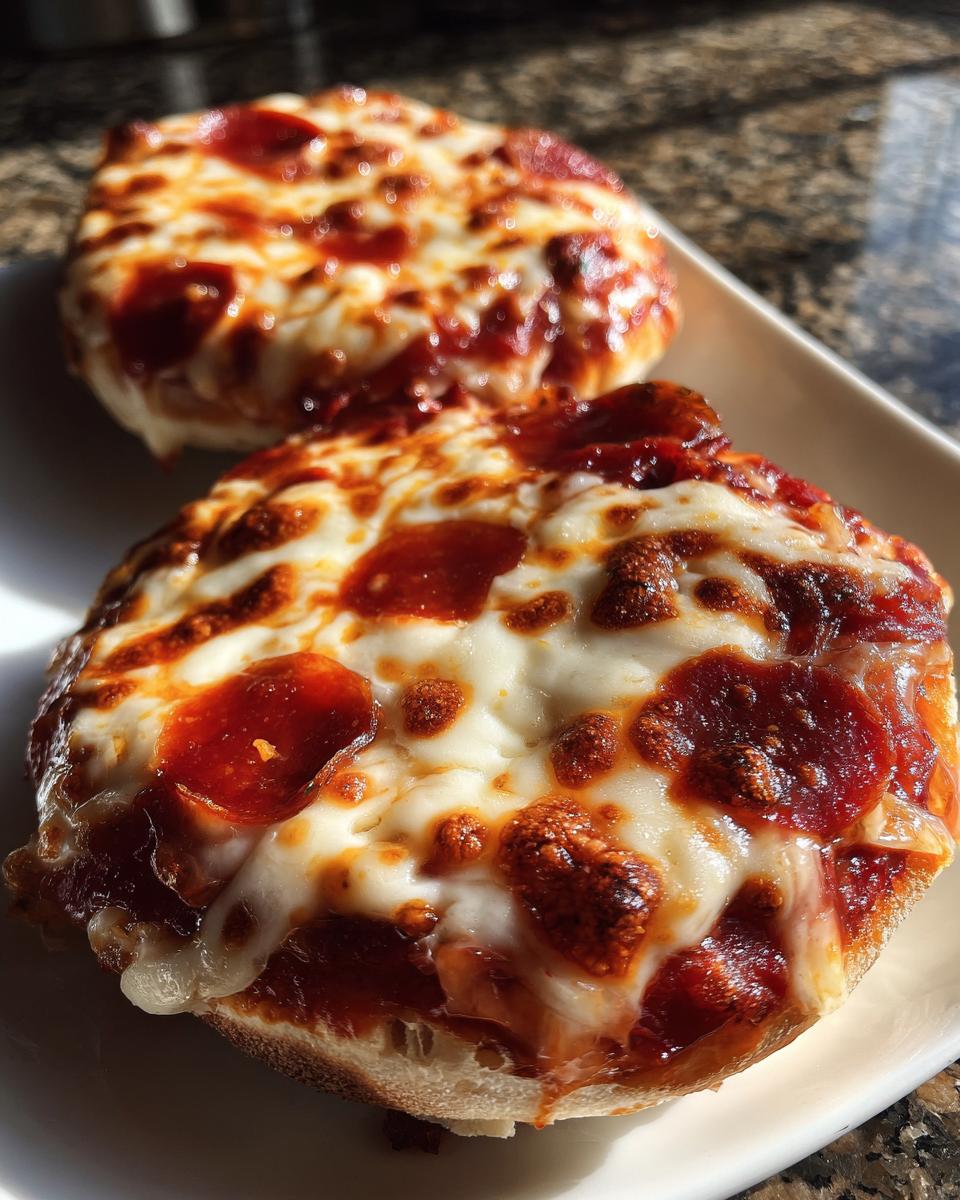 Two freshly baked pepperoni english muffin pizza halves topped with melted, bubbly cheese on a white plate.