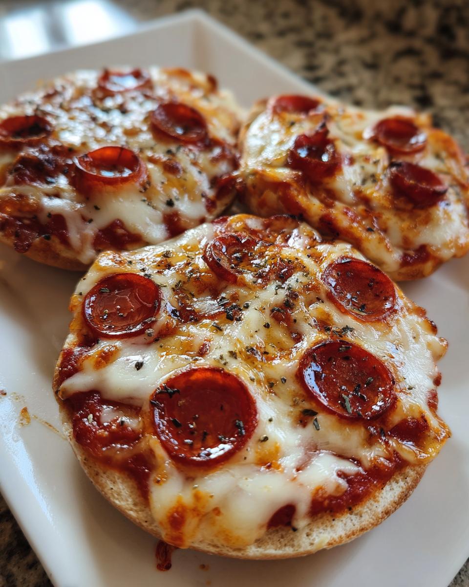 Close-up of three freshly baked pepperoni english muffin pizza halves topped with melted cheese and herbs.