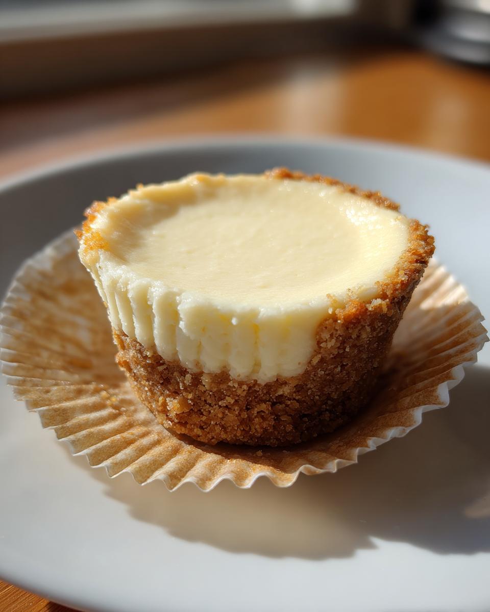 A single, perfectly baked mini cheesecake with a thick graham cracker crust, sitting in its paper liner.
