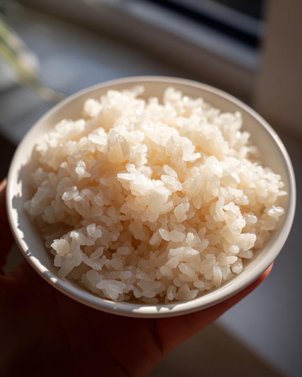 Close-up of perfectly cooked, glossy sushi rice in a small white bowl held by a hand.